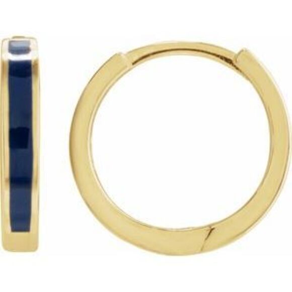 14K Yellow Blue Enameled Hinged 12.1 mm Hoop Earrings